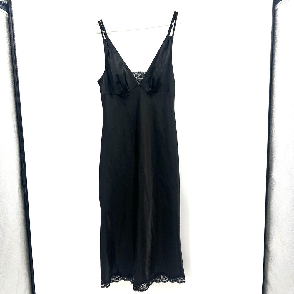Cinema Etoile Black Satin Slip Dress Lace Trim V-Neck Midi Size M 8/10 Lingerie